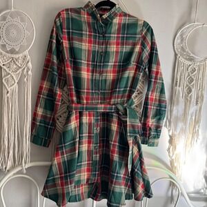 Kiel James Patrick Cozy Cabin Flannel Shirt Dress Green Red Plaid Cotton Medium